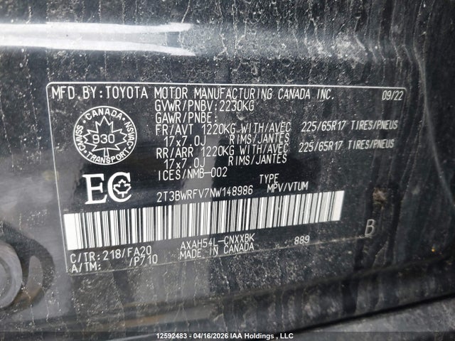 2022 Toyota Rav4 Hybrid Le მანქანა იყიდება აუქციონზე, vin: 2T3BWRFV7NW148986, აუქციონის ნომერი: 12592483
