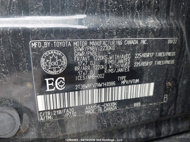 2022 Toyota Rav4 Hybrid Le მანქანა იყიდება აუქციონზე, vin: 2T3BWRFV7NW148986, აუქციონის ნომერი: 12592483