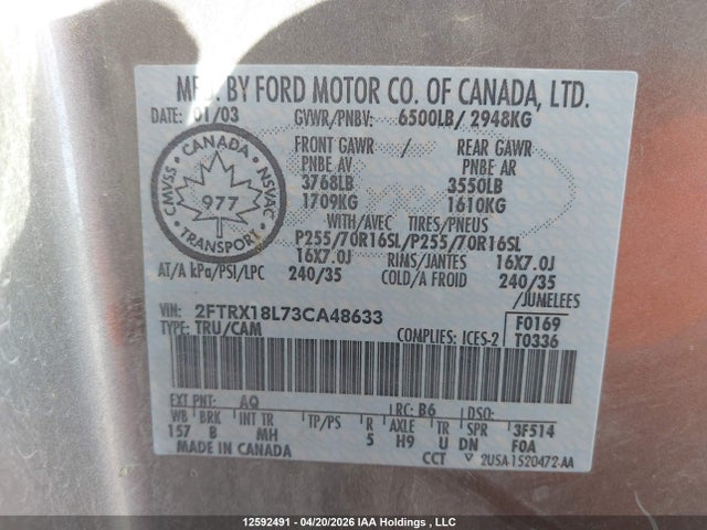 Продажа на аукционе авто 2003 Ford F-150 Lariat/xl/xlt, vin: 2FTRX18L73CA48633, номер лота: 12592491