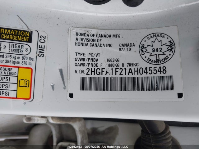 Продажа на аукционе авто 2010 Honda Civic Dx/dx-a, vin: 2HGFA1F21AH045548, номер лота: 12592493