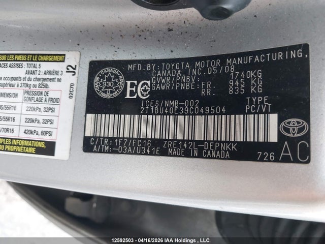 2009 Toyota Corolla S/le/xle მანქანა იყიდება აუქციონზე, vin: 2T1BU40E39C049504, აუქციონის ნომერი: 12592503