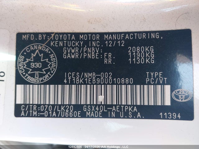 2013 Toyota Avalon Premium/touring/limited მანქანა იყიდება აუქციონზე, vin: 4T1BK1EB9DU010880, აუქციონის ნომერი: 12592505