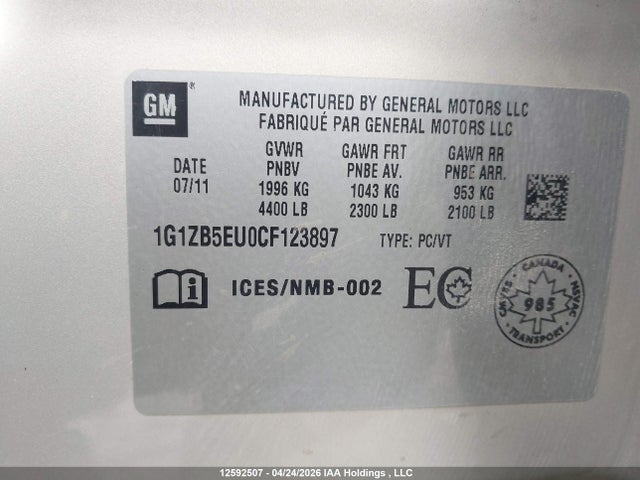 2012 Chevrolet Malibu მანქანა იყიდება აუქციონზე, vin: 1G1ZB5EU0CF123897, აუქციონის ნომერი: 12592507