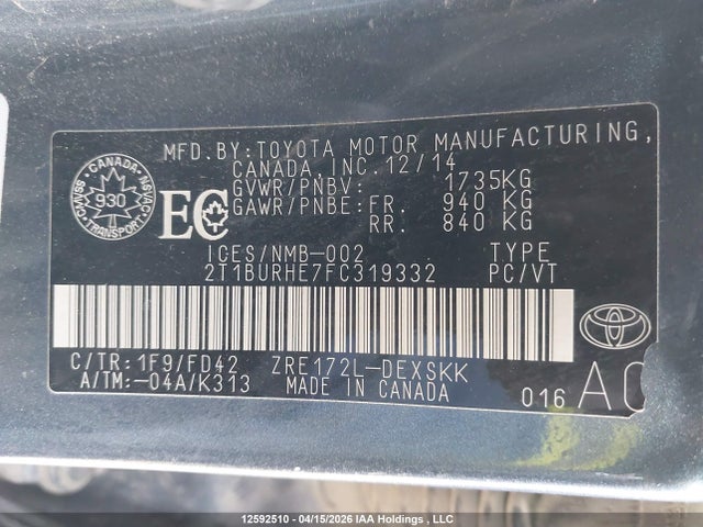 2015 Toyota Corolla S მანქანა იყიდება აუქციონზე, vin: 2T1BURHE7FC319332, აუქციონის ნომერი: 12592510