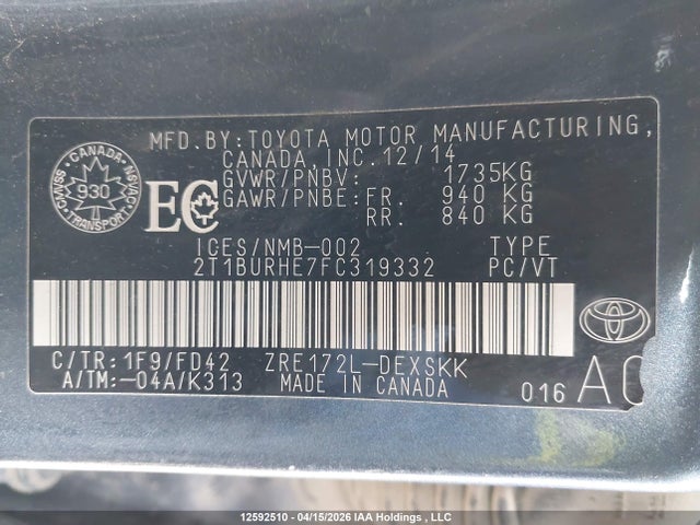 2015 Toyota Corolla S მანქანა იყიდება აუქციონზე, vin: 2T1BURHE7FC319332, აუქციონის ნომერი: 12592510