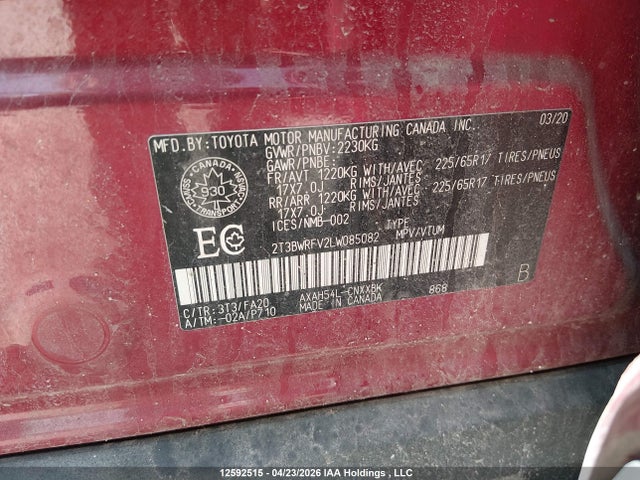 12592515 :رقم المزاد ، 2T3BWRFV2LW085082 vin ، 2020 Toyota Rav4 Hybrid Le مزاد بيع