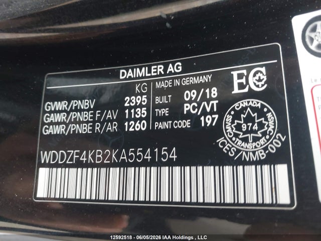 12592518 :رقم المزاد ، WDDZF4KB2KA554154 vin ، 2019 Mercedes-benz E 300 4matic مزاد بيع
