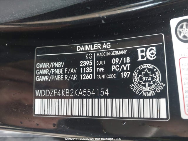 12592518 :رقم المزاد ، WDDZF4KB2KA554154 vin ، 2019 Mercedes-benz E 300 4matic مزاد بيع