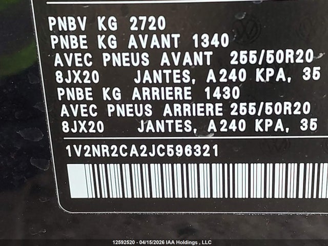 Продажа на аукционе авто 2018 Volkswagen Atlas Sel Premium, vin: 1V2NR2CA2JC596321, номер лота: 12592520