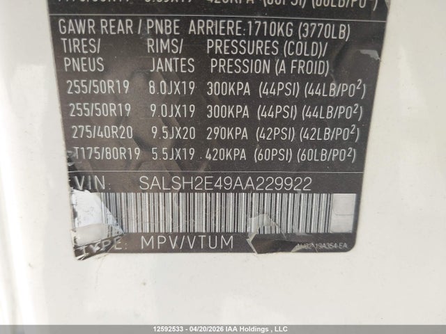 2010 Land Rover Range Rover Sport Sc მანქანა იყიდება აუქციონზე, vin: SALSH2E49AA229922, აუქციონის ნომერი: 12592533