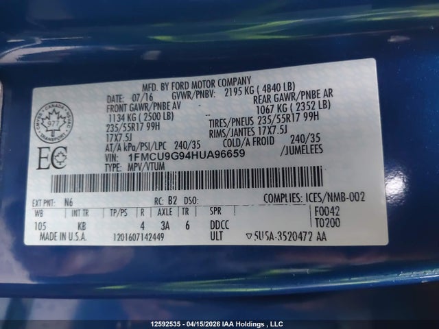 1FMCU9G94HUA96659 Ford ESCAPE SE