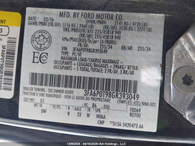 Продажа на аукционе авто 2016 Ford Fusion Se, vin: 3FA6P0T98GR393049, номер лота: 12592538