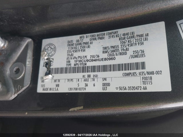1FMCU9G94HUE80960 Ford ESCAPE SE