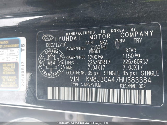 Aukcja sprzedaży 2017 Hyundai Tucson Limited/sport And Eco/se, vin: KM8J3CA47HU383384, numer aukcji: 12592542