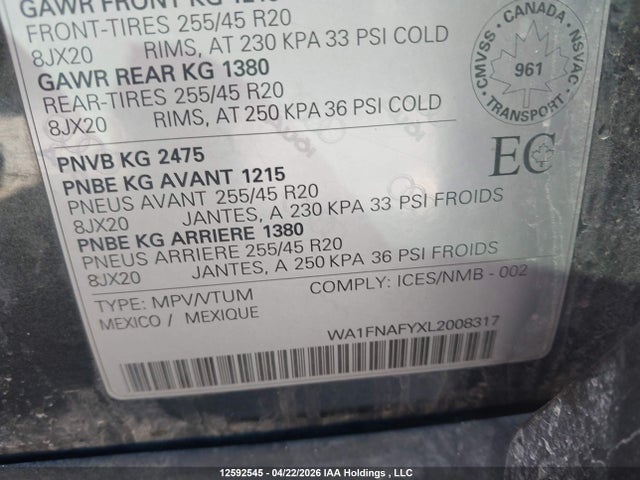 12592545 :رقم المزاد ، WA1FNAFYXL2008317 vin ، 2020 Audi Q5 45 Technik مزاد بيع
