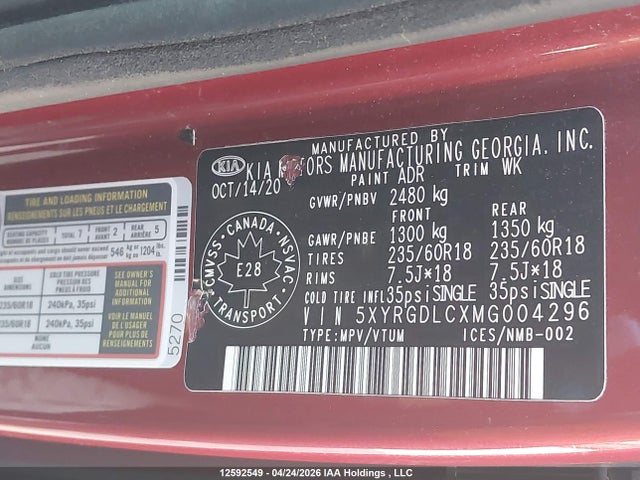5XYRGDLCXMG004296 KIA Sorento