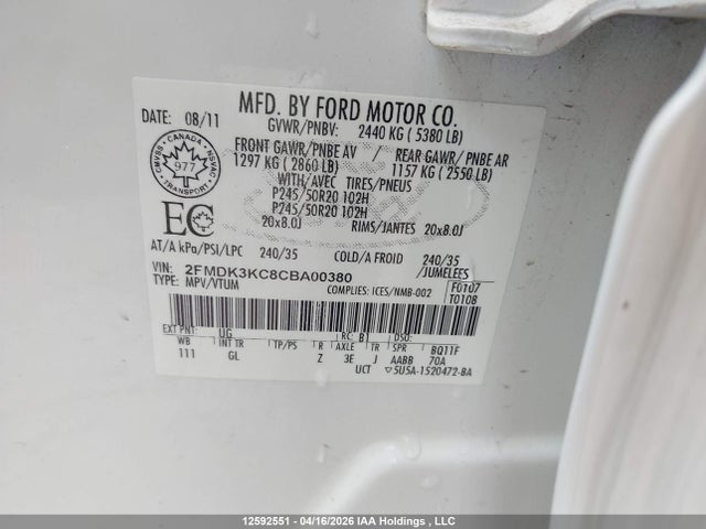 12592551 :رقم المزاد ، 2FMDK3KC8CBA00380 vin ، 2012 Ford Edge Limited مزاد بيع