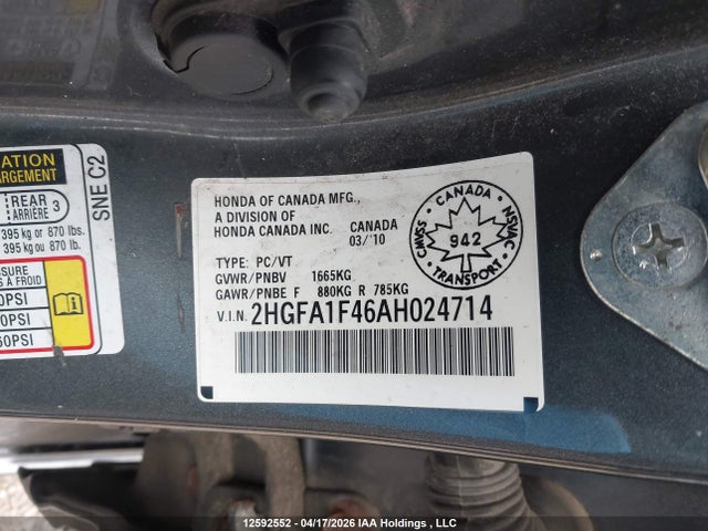 Aukcja sprzedaży 2010 Honda Civic, vin: 2HGFA1F46AH024714, numer aukcji: 12592552
