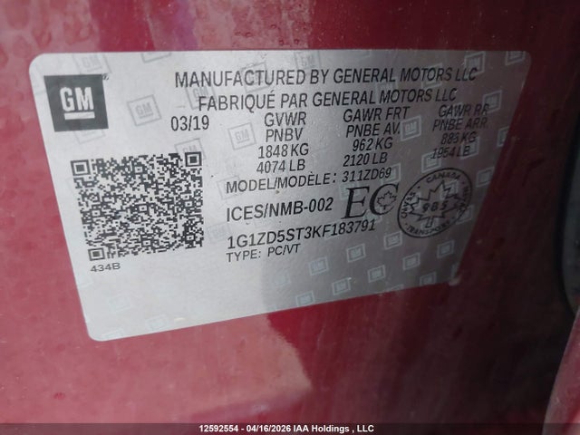 1G1ZD5ST3KF183791 Chevrolet MALIBU LT