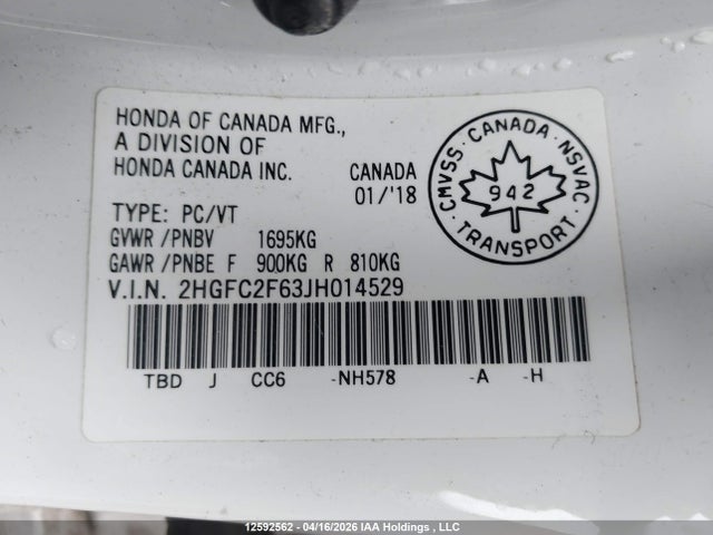 Продаж на аукціоні авто 2018 Honda Civic Se, vin: 2HGFC2F63JH014529, номер лоту: 12592562