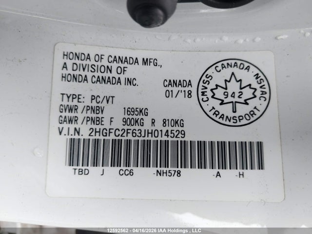 Продаж на аукціоні авто 2018 Honda Civic Se, vin: 2HGFC2F63JH014529, номер лоту: 12592562