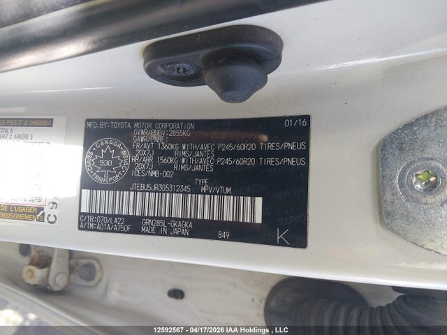 12592567 :رقم المزاد ، JTEBU5JR3G5312345 vin ، 2016 Toyota 4runner Sr5 مزاد بيع