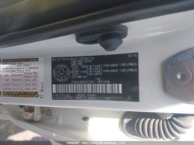 12592567 :رقم المزاد ، JTEBU5JR3G5312345 vin ، 2016 Toyota 4runner Sr5 مزاد بيع