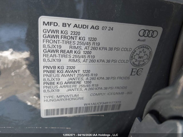 2024 Audi Q3 40 Komfort მანქანა იყიდება აუქციონზე, vin: WA1AUCF34R1177373, აუქციონის ნომერი: 12592571