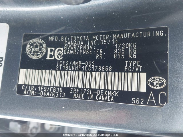 2014 Toyota Corolla Le მანქანა იყიდება აუქციონზე, vin: 2T1BURHE1EC178868, აუქციონის ნომერი: 12592575