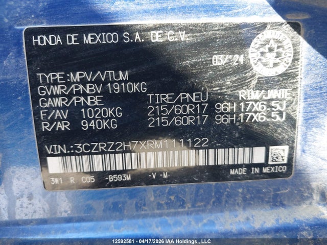 3CZRZ2H7XRM111122 Honda HR-V