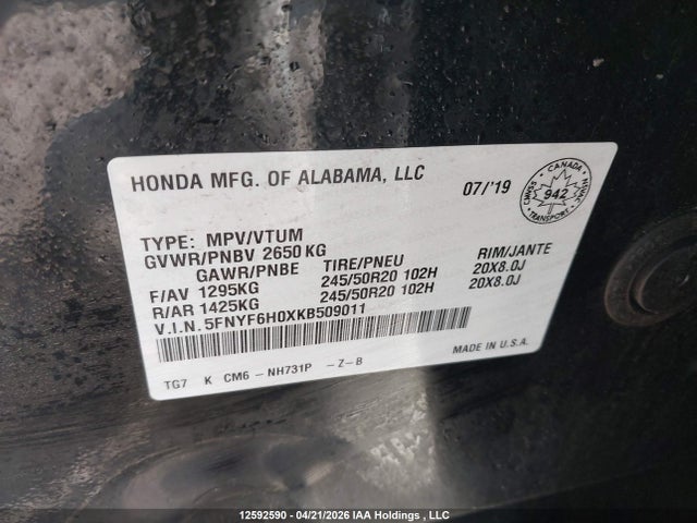 Aukcja sprzedaży 2019 Honda Pilot Black Edition, vin: 5FNYF6H0XKB509011, numer aukcji: 12592590