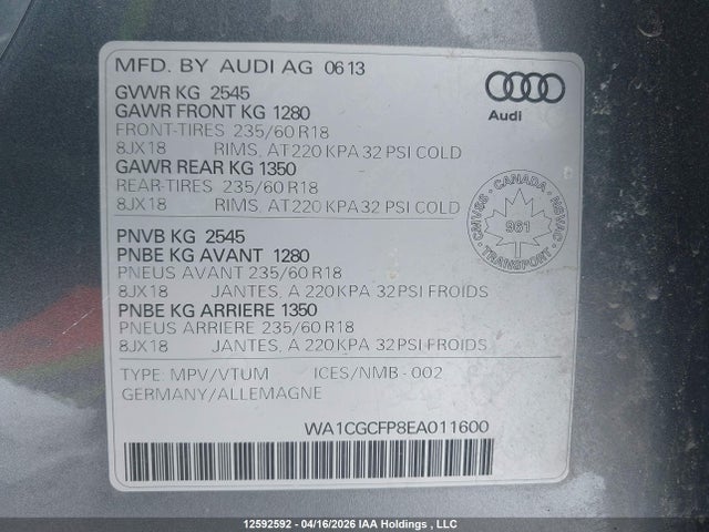 2014 Audi Q5 3.0 Progressiv მანქანა იყიდება აუქციონზე, vin: WA1CGCFP8EA011600, აუქციონის ნომერი: 12592592