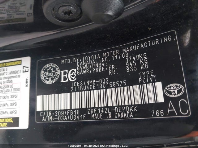 2009 Toyota Corolla Ce მანქანა იყიდება აუქციონზე, vin: 2T1BU40E19C158575, აუქციონის ნომერი: 12592594