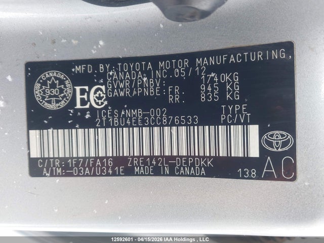 2012 Toyota Corolla Ce მანქანა იყიდება აუქციონზე, vin: 2T1BU4EE3CC876533, აუქციონის ნომერი: 12592601
