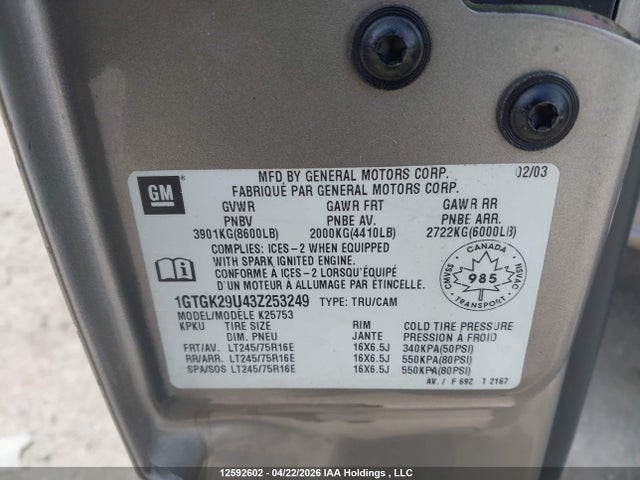 Aukcja sprzedaży 2003 Gmc New Sierra K2500, vin: 1GTGK29U43Z253249, numer aukcji: 12592602