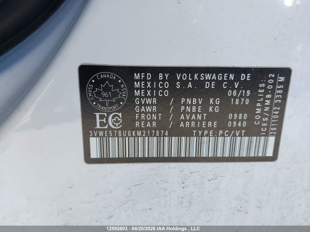 Aukcja sprzedaży 2019 Volkswagen Jetta 1.4 Tsi Highline, vin: 3VWE57BU8KM217874, numer aukcji: 12592603