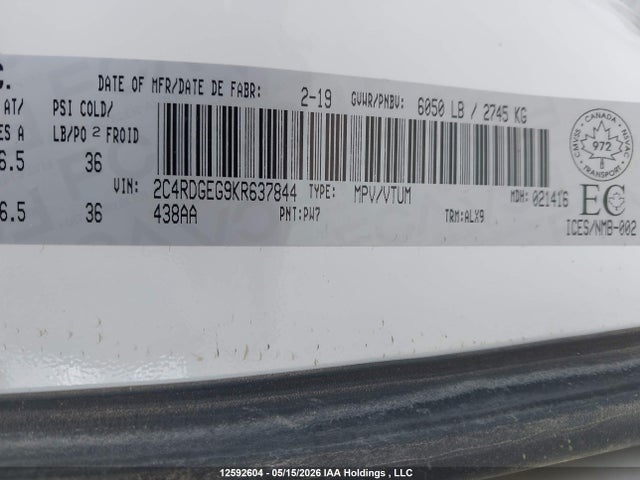 Продажа на аукционе авто 2019 Dodge Grand Caravan Gt, vin: 2C4RDGEG9KR637844, номер лота: 12592604