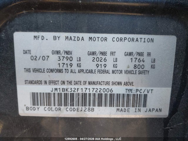 Продаж на аукціоні авто 2007 Mazda Mazda3 Gs/gx, vin: JM1BK32F171722006, номер лоту: 12592605