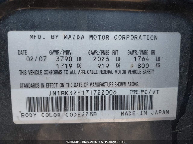 Продаж на аукціоні авто 2007 Mazda Mazda3 Gs/gx, vin: JM1BK32F171722006, номер лоту: 12592605