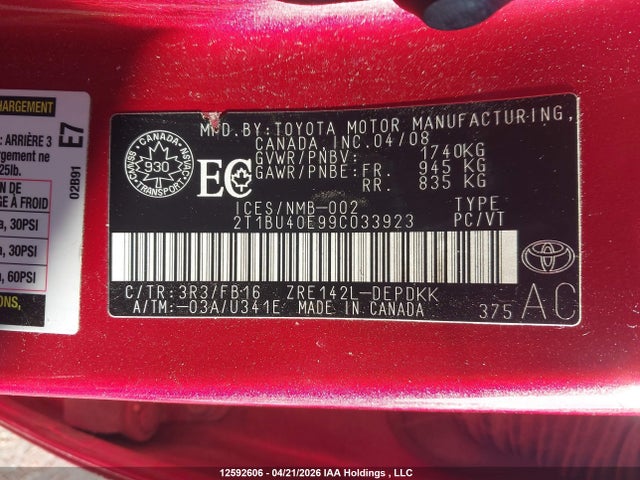 Продаж на аукціоні авто 2009 Toyota Corolla Ce, vin: 2T1BU40E99C033923, номер лоту: 12592606