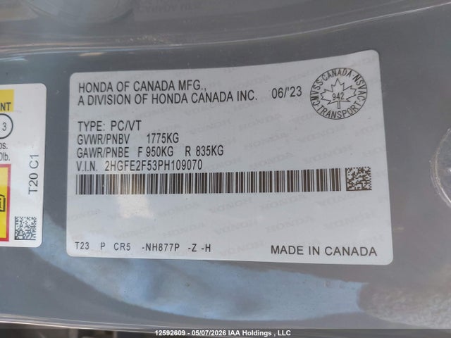 2023 Honda Civic Sport/sport-b მანქანა იყიდება აუქციონზე, vin: 2HGFE2F53PH109070, აუქციონის ნომერი: 12592609