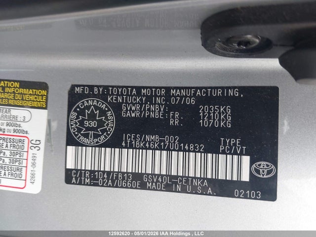 2007 Toyota Camry Le V6/se V6/xle V6 მანქანა იყიდება აუქციონზე, vin: 4T1BK46K17U014832, აუქციონის ნომერი: 12592620
