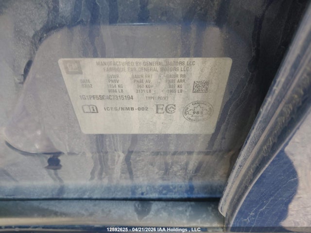 2012 Chevrolet Cruze Lt Turbo მანქანა იყიდება აუქციონზე, vin: 1G1PF5SC4C7315194, აუქციონის ნომერი: 12592625