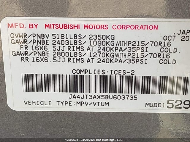 Aukcja sprzedaży 2011 Mitsubishi Outlander, vin: JA4JT3AX5BU603735, numer aukcji: 12592631