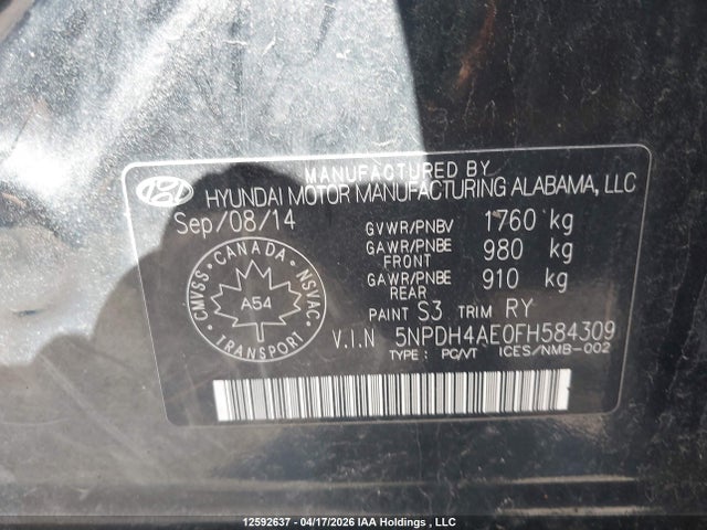 5NPDH4AE0FH584309 Hyundai ELANTRA GL