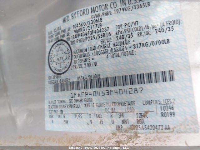 12592640 :رقم المزاد ، 1FAFP40453F404287 vin ، 2003 Ford Mustang مزاد بيع