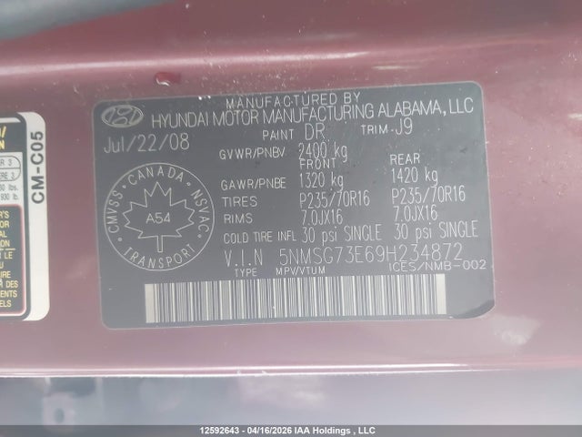 Aukcja sprzedaży 2009 Hyundai Santa Fe Gl/gls, vin: 5NMSG73E69H234872, numer aukcji: 12592643