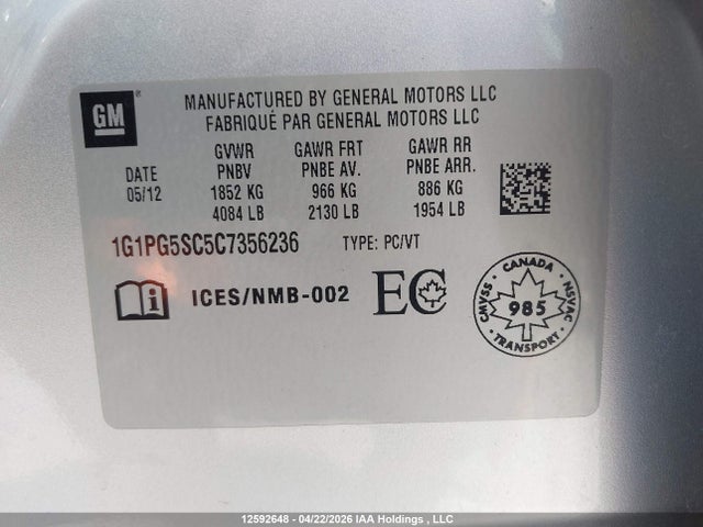 2012 Chevrolet Cruze Lt Turbo მანქანა იყიდება აუქციონზე, vin: 1G1PG5SC5C7356236, აუქციონის ნომერი: 12592648