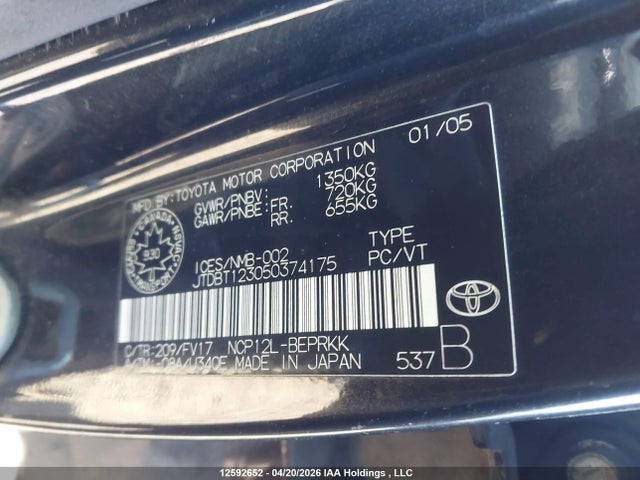 12592652 :رقم المزاد ، JTDBT123050374175 vin ، 2005 Toyota Echo مزاد بيع
