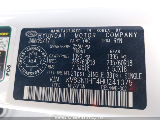 KM8SNDHF4HU241375 Hyundai Santa Fe Se/limited
